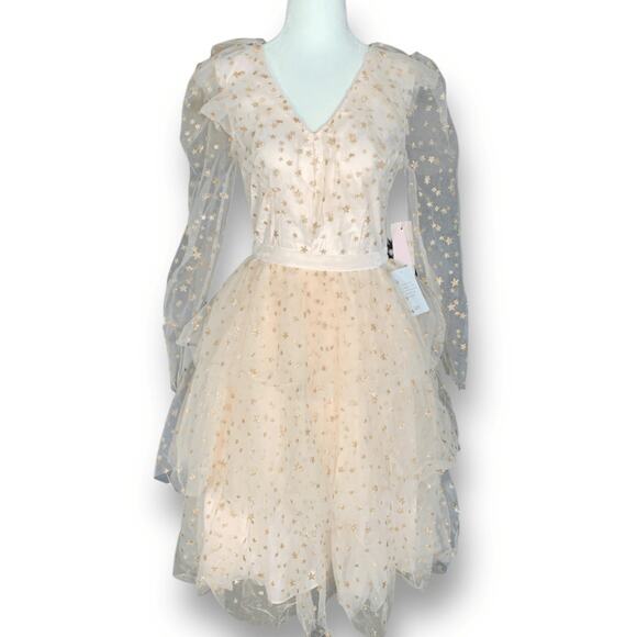 Rachel Parcell Pastel Pink Gold Metallic Glitter Star Tulle Dress Tiered Skirt - Picture 2 of 11